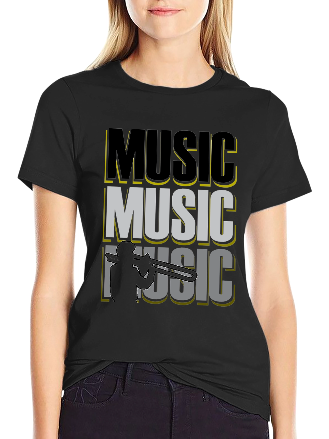 Music Trombone Graphic Print Black T-Shirt