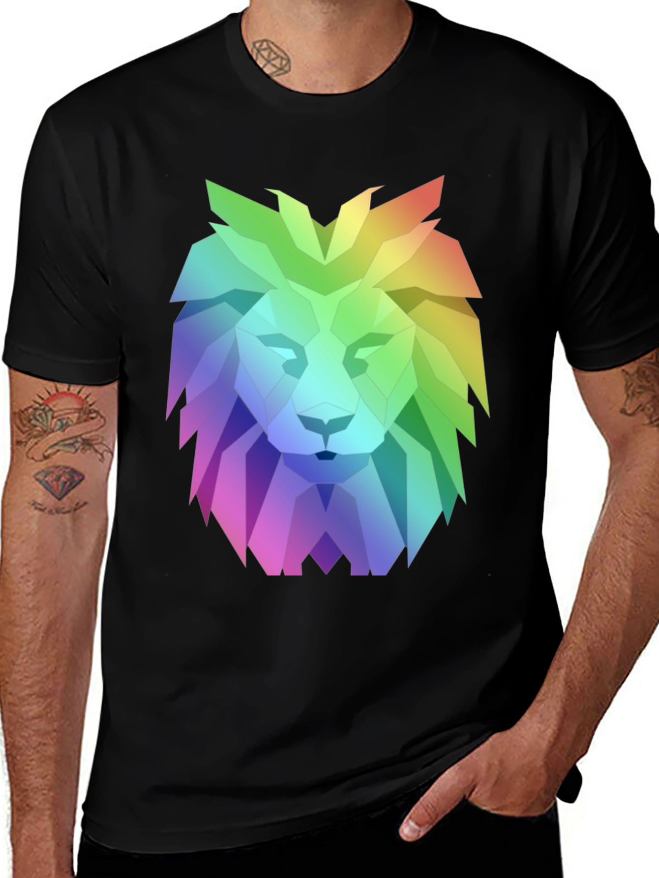 Geometric Lion Graphic Tee - Bold Rainbow Design