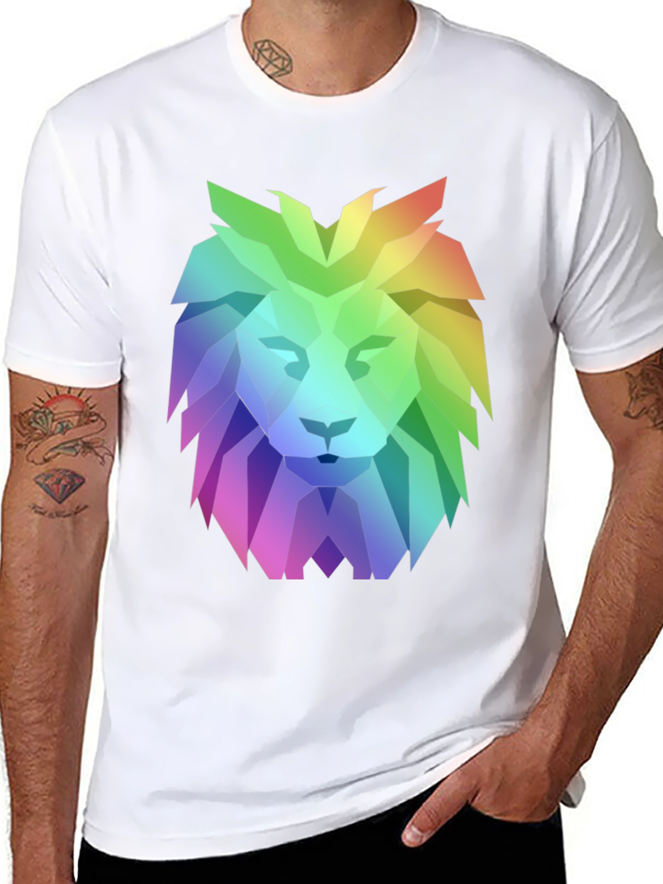 Geometric Lion Graphic Tee - Bold Rainbow Design