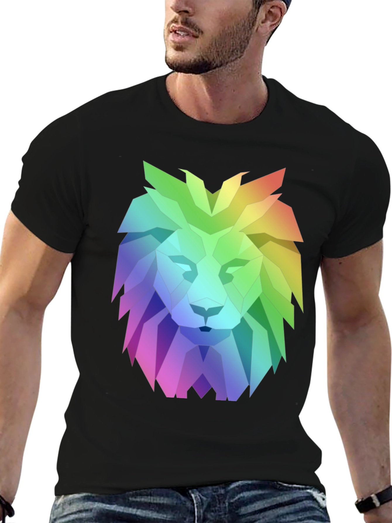 Geometric Lion Graphic Tee - Bold Rainbow Design