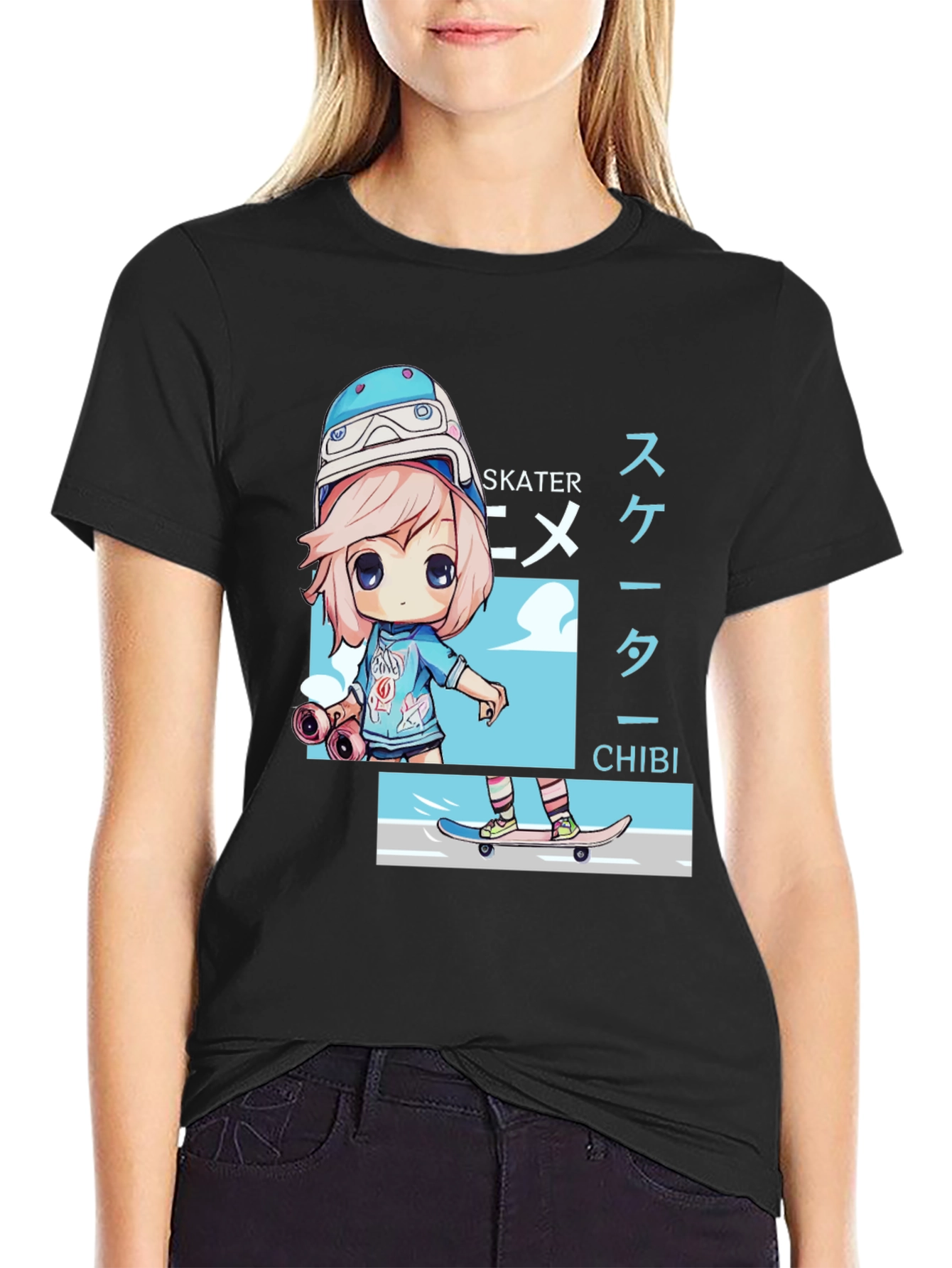 Anime Skater Chibi Black T-Shirt