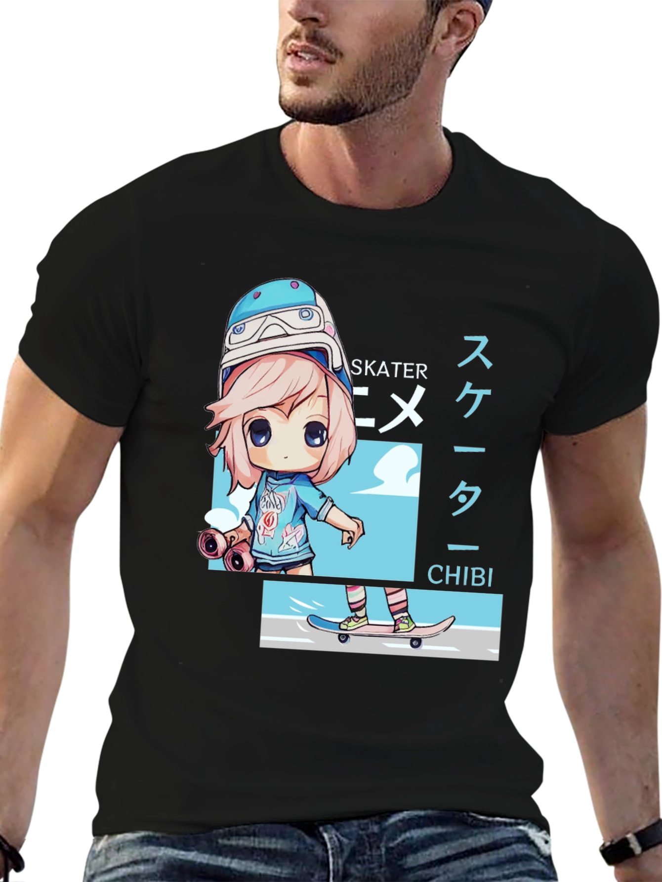 Anime Skater Chibi Black T-Shirt