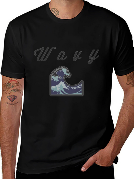 Wavy Wave Design Black T-Shirt