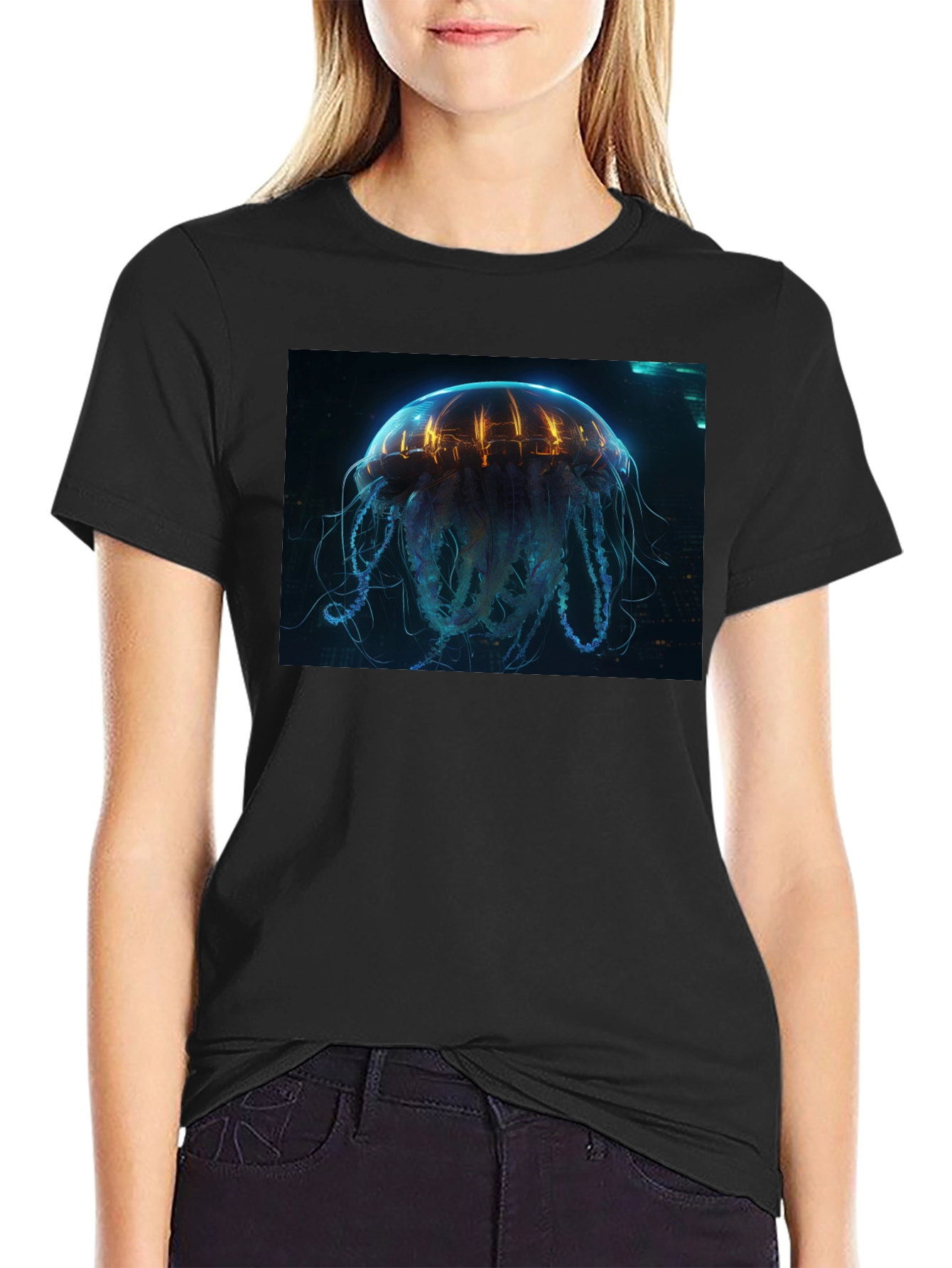 Cyberpunk Jellyfish Graphic Tee - Black Cotton