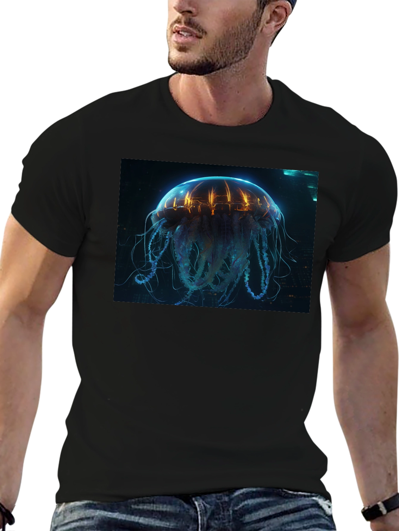 Cyberpunk Jellyfish Graphic Tee - Black Cotton
