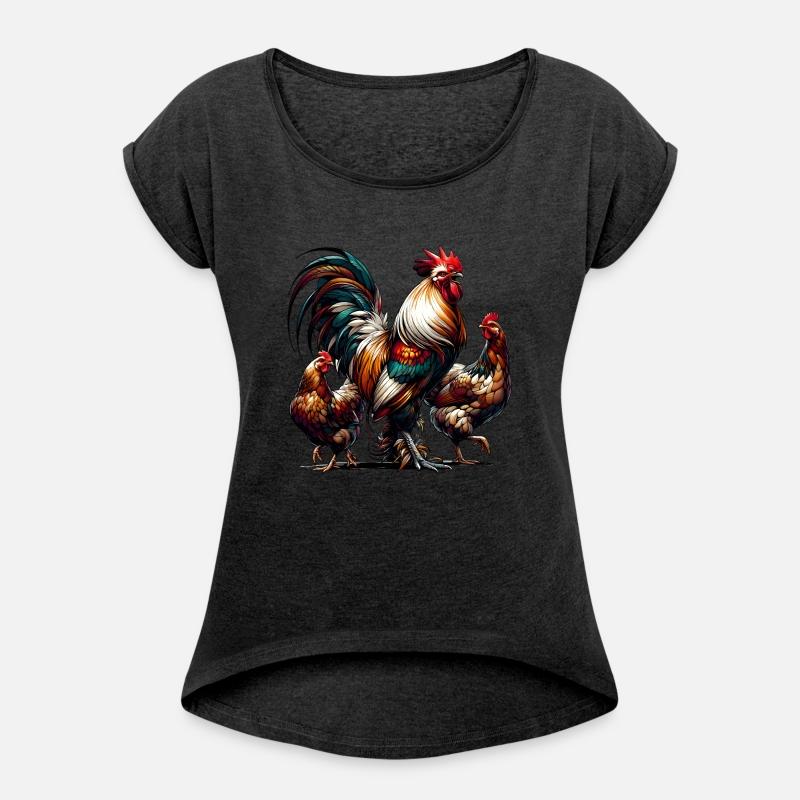 magnificent colorful rooster with two hens