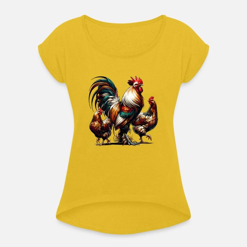 magnificent colorful rooster with two hens