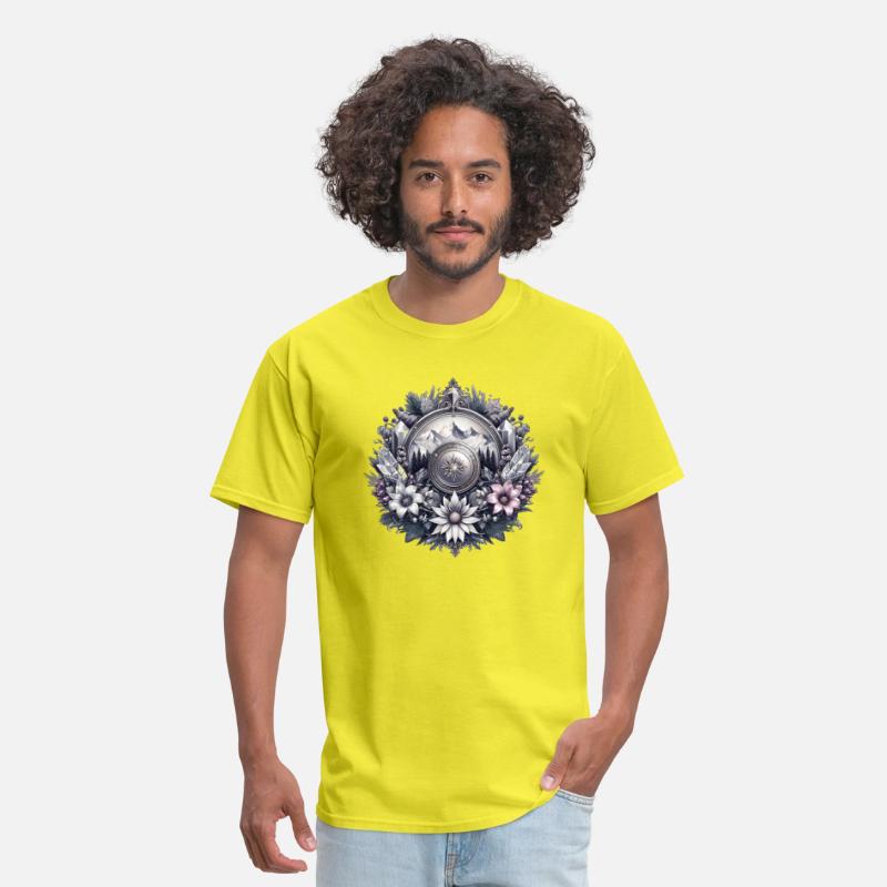 Medallion with majestic mountains and flowers