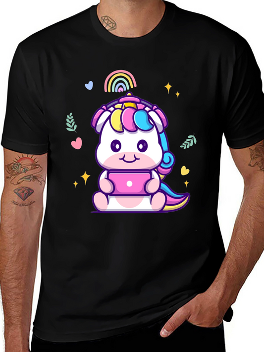 Cute Unicorn Laptop Graphic Tee - Black T-Shirt