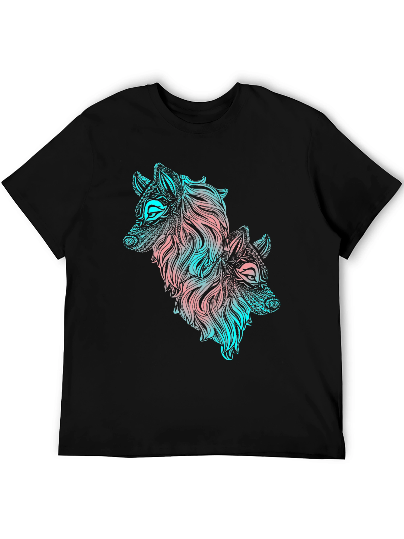 Two Wolves Graphic Print Black T-Shirt