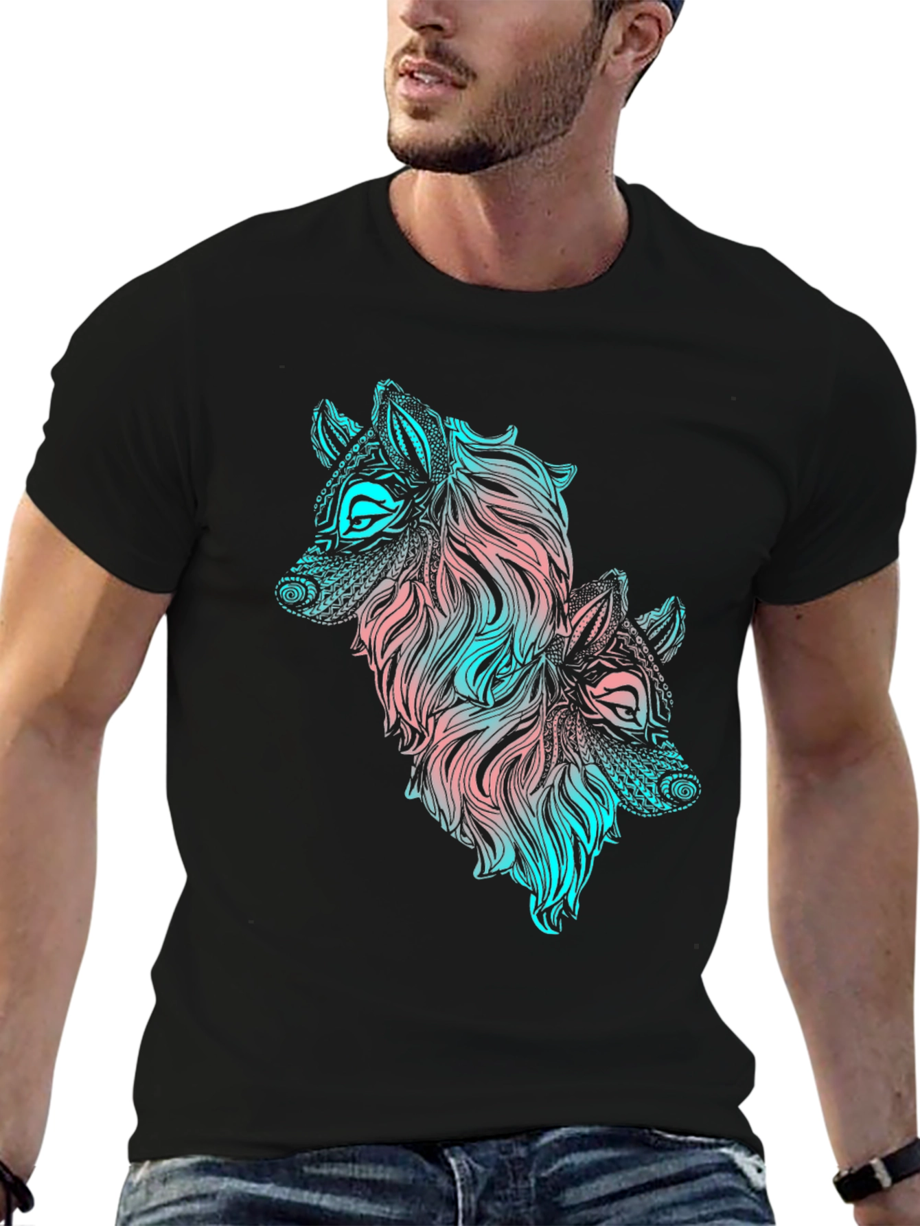 Two Wolves Graphic Print Black T-Shirt