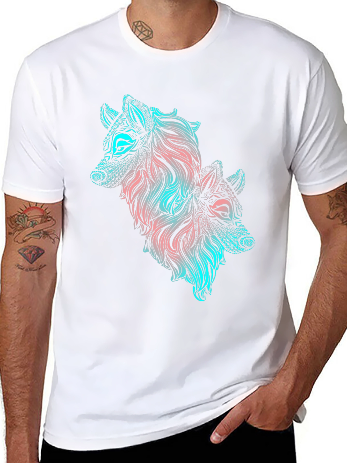 Two Wolves Graphic Print Black T-Shirt