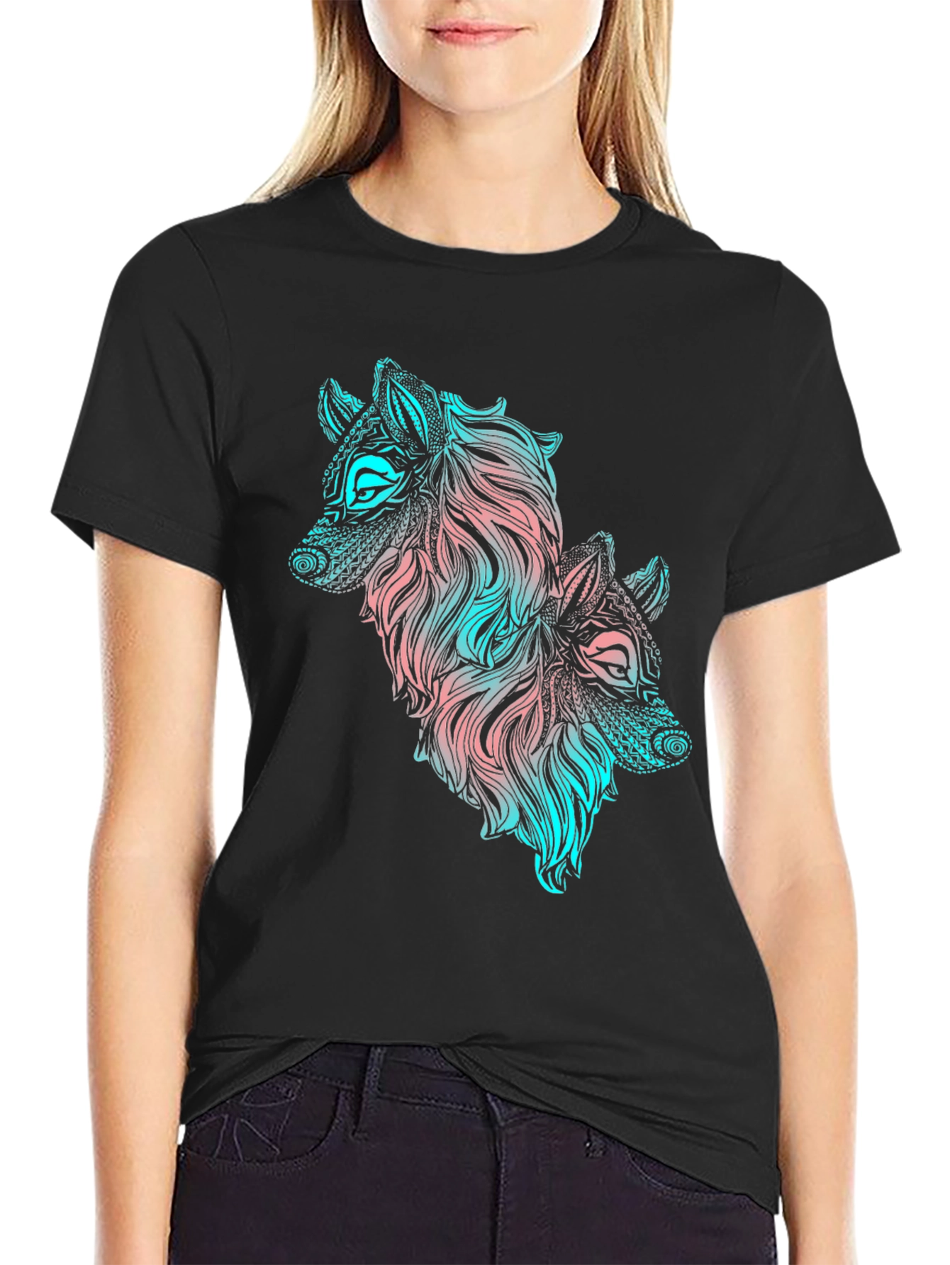 Two Wolves Graphic Print Black T-Shirt