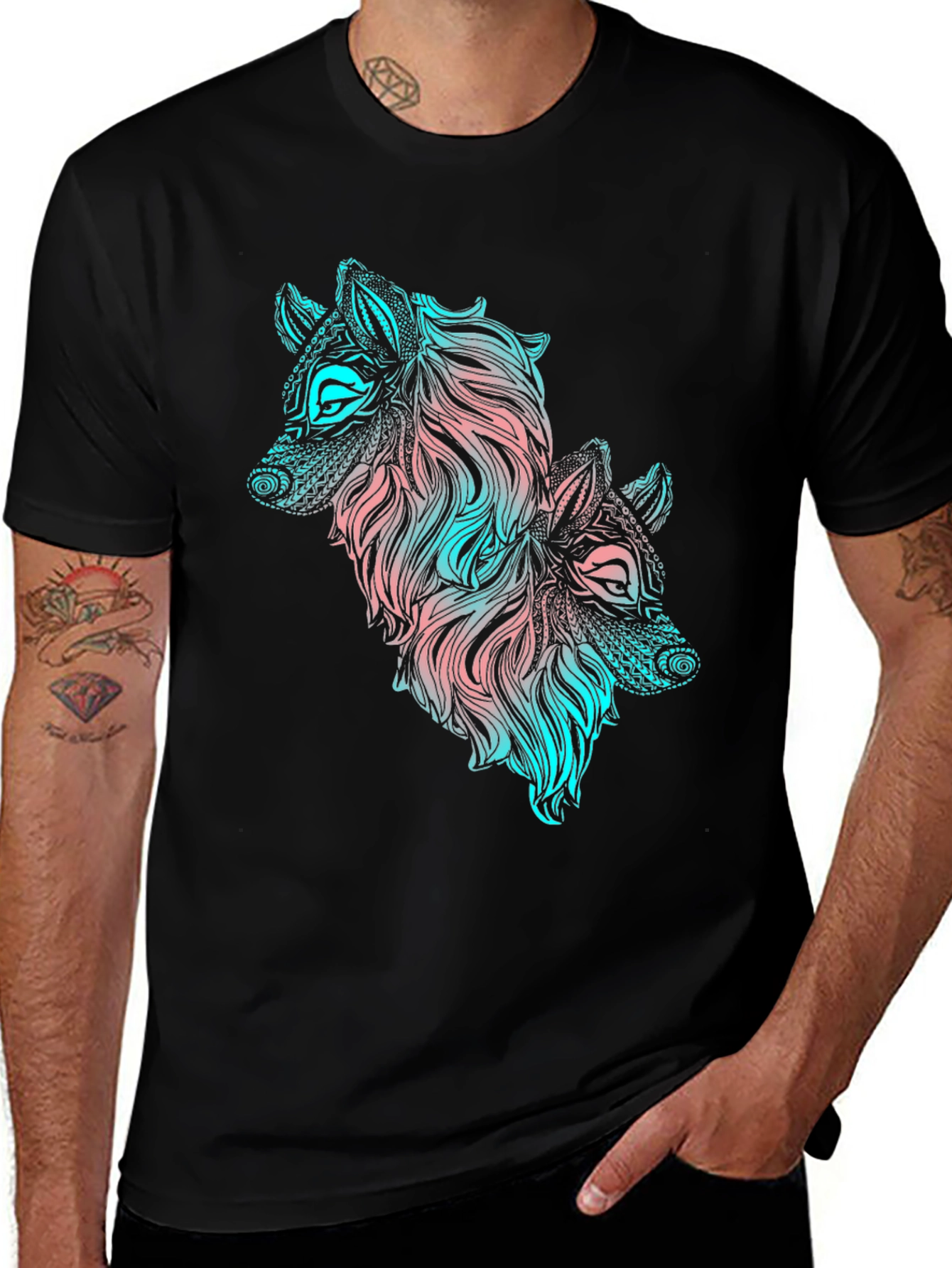 Two Wolves Graphic Print Black T-Shirt