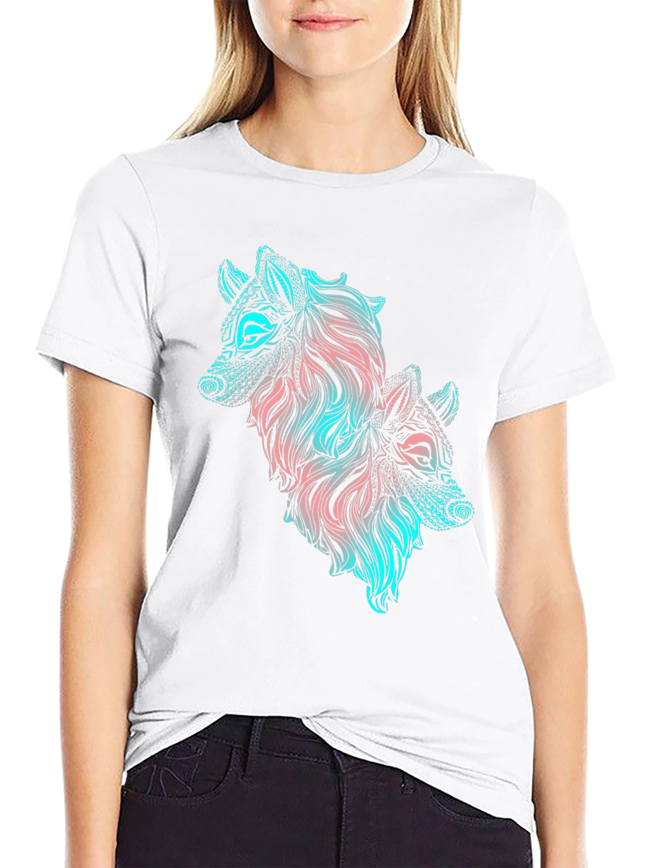 Two Wolves Graphic Print Black T-Shirt