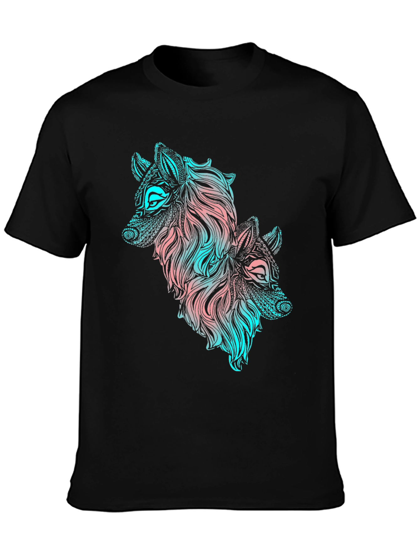 Two Wolves Graphic Print Black T-Shirt