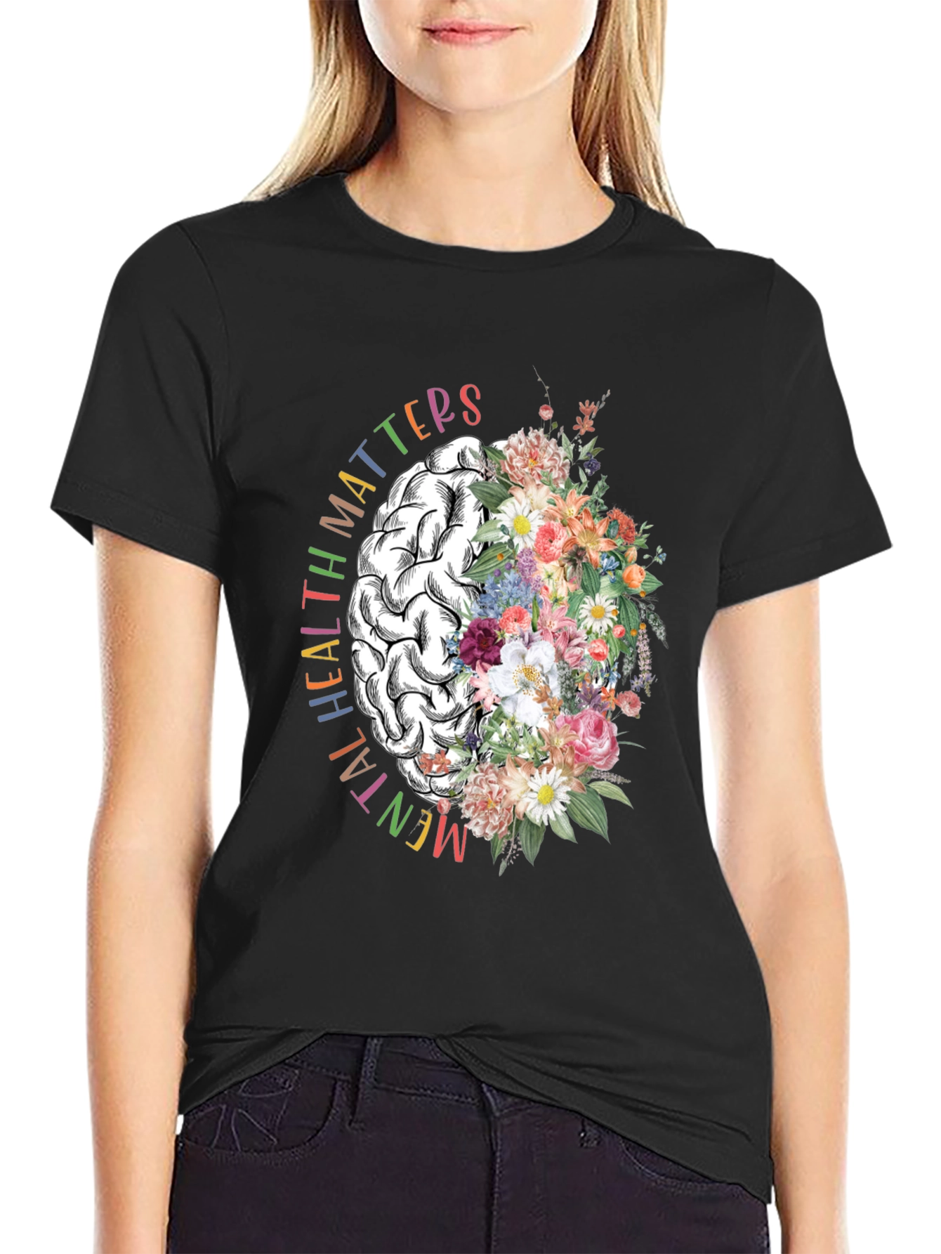 Mental Health Matters Floral Brain Graphic T-Shirt