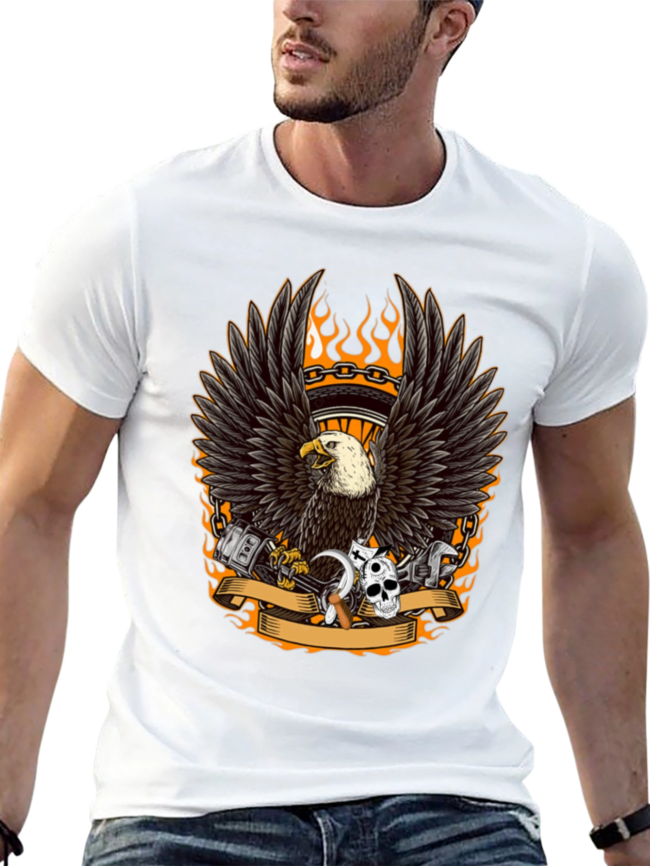 Mens Black Eagle Biker Graphic T-Shirt