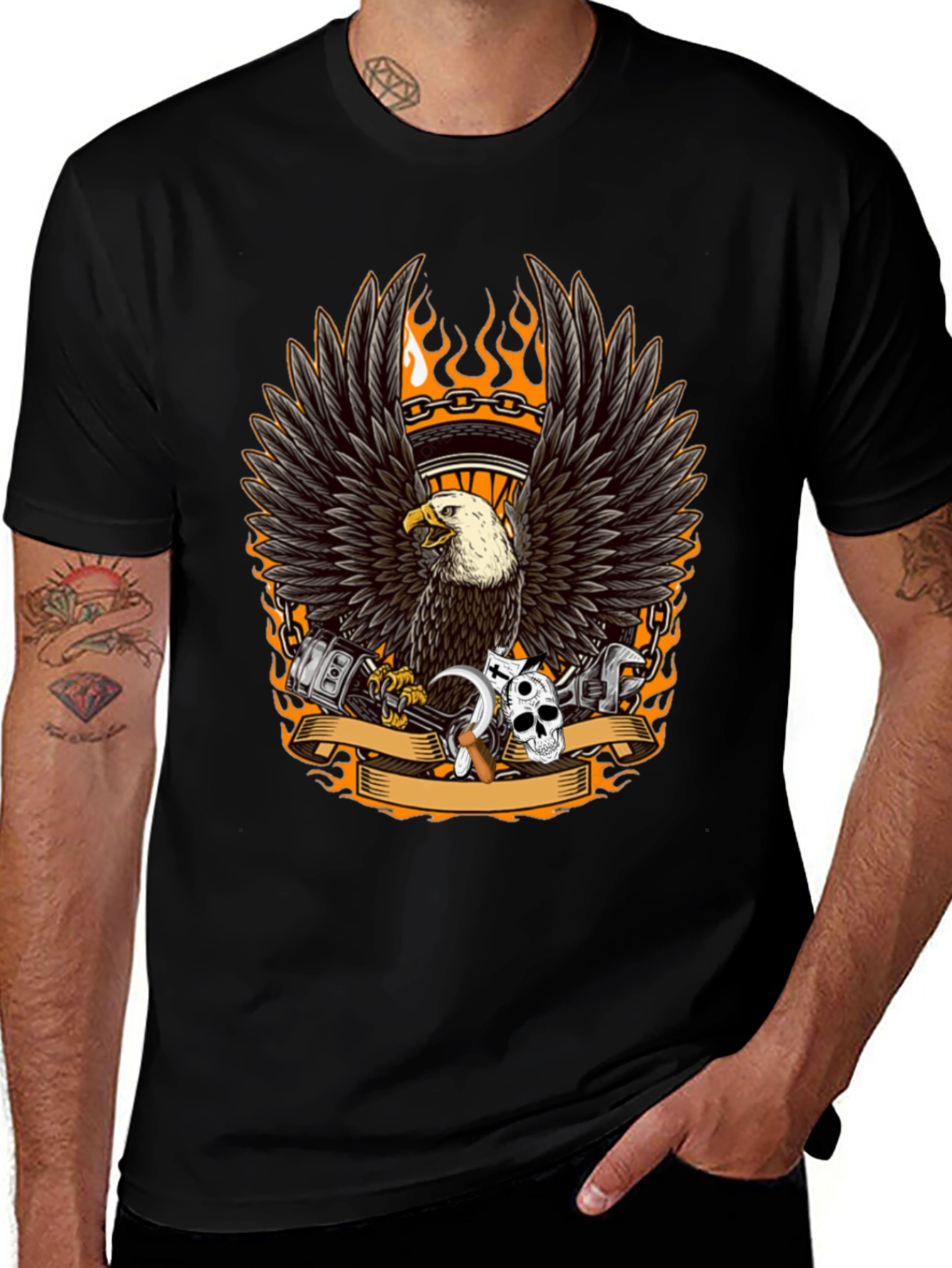 Mens Black Eagle Biker Graphic T-Shirt