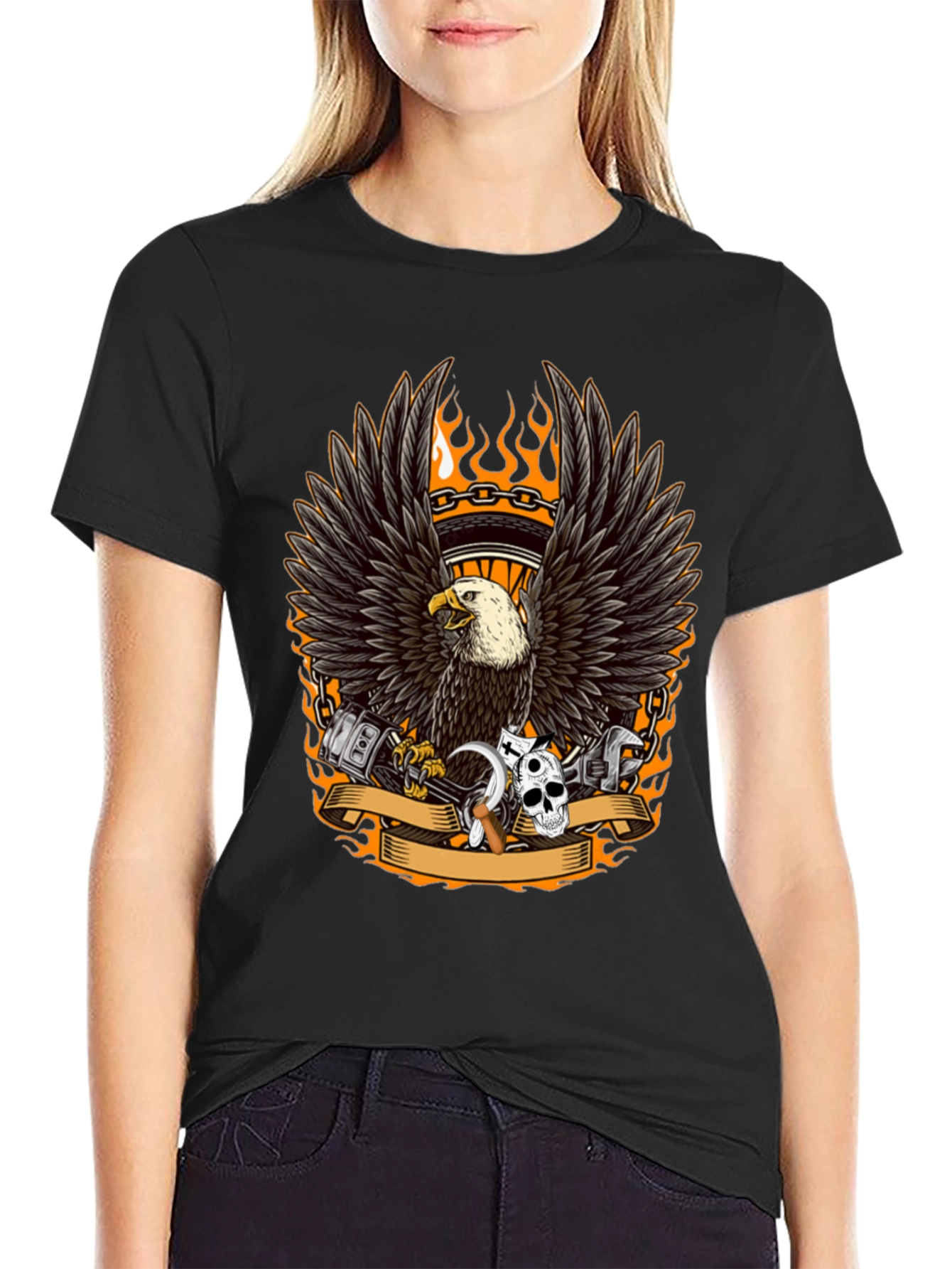 Mens Black Eagle Biker Graphic T-Shirt