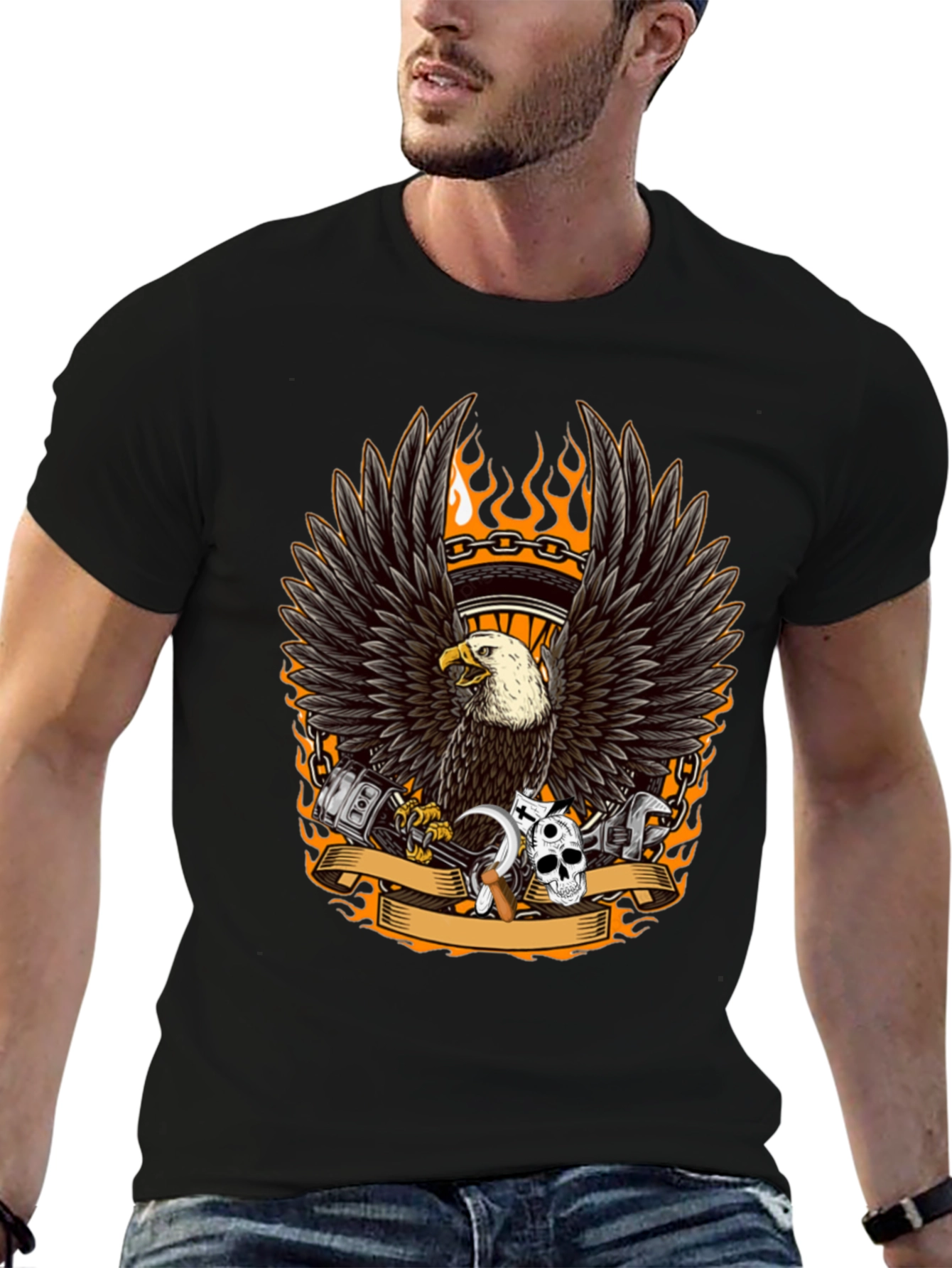 Mens Black Eagle Biker Graphic T-Shirt