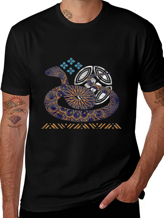 Mens Graphic Tee - Snake & Geometric Design - Black