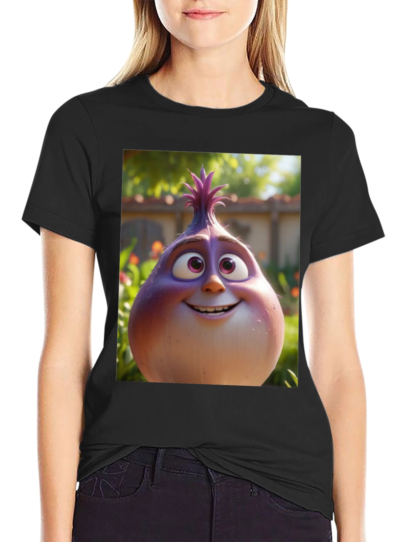 Cartoon Onion Graphic Tee - Black Unisex T-Shirt
