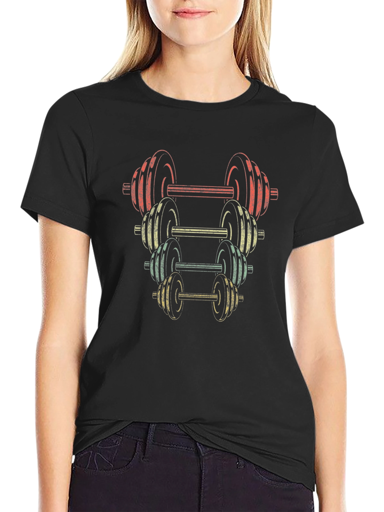 Retro Dumbbell Stack Graphic T-Shirt - Fitness Apparel