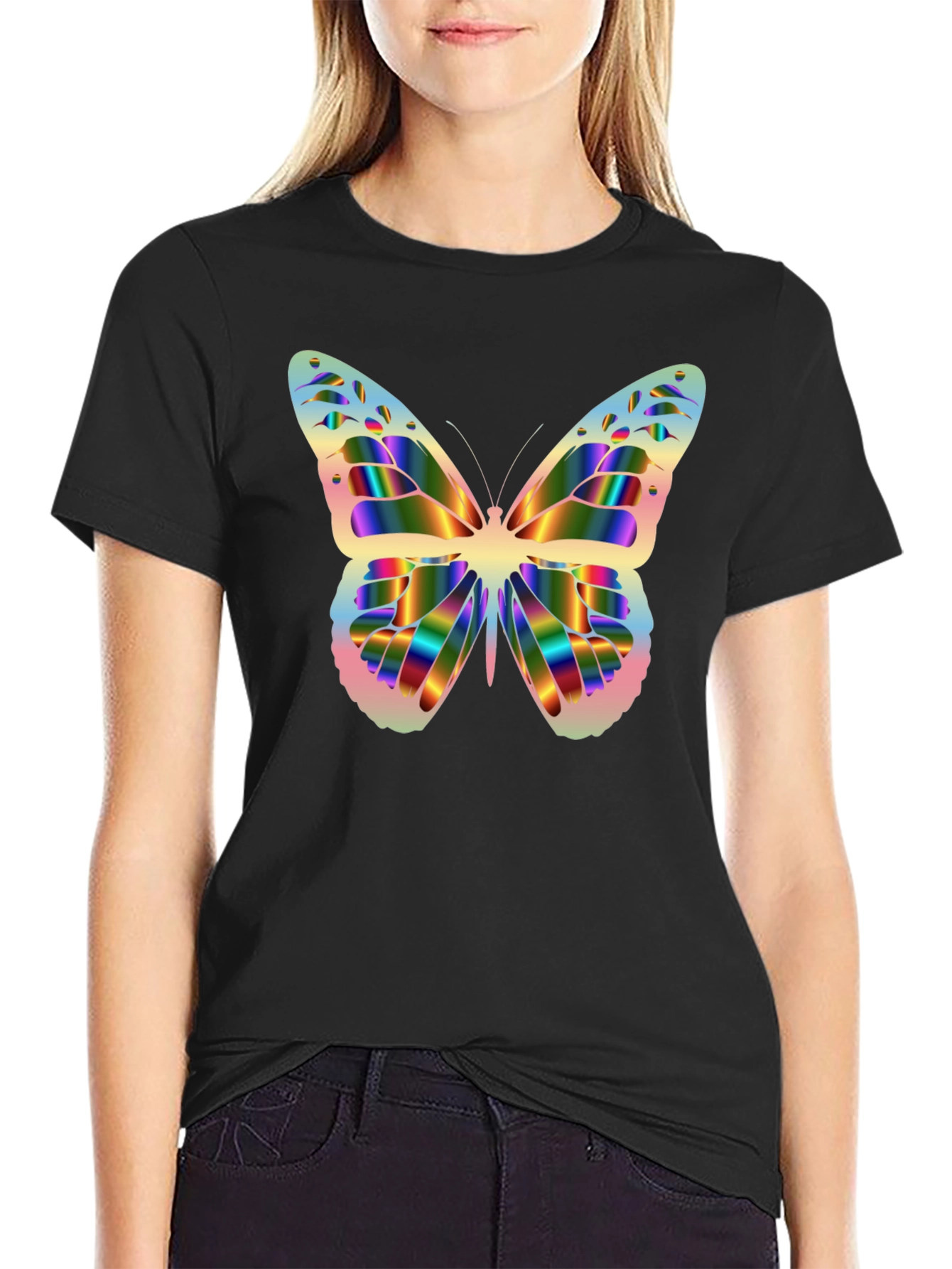 Rainbow Butterfly Graphic Black T-Shirt