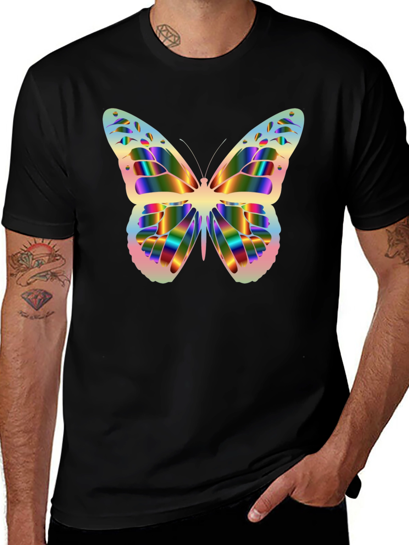 Rainbow Butterfly Graphic Black T-Shirt