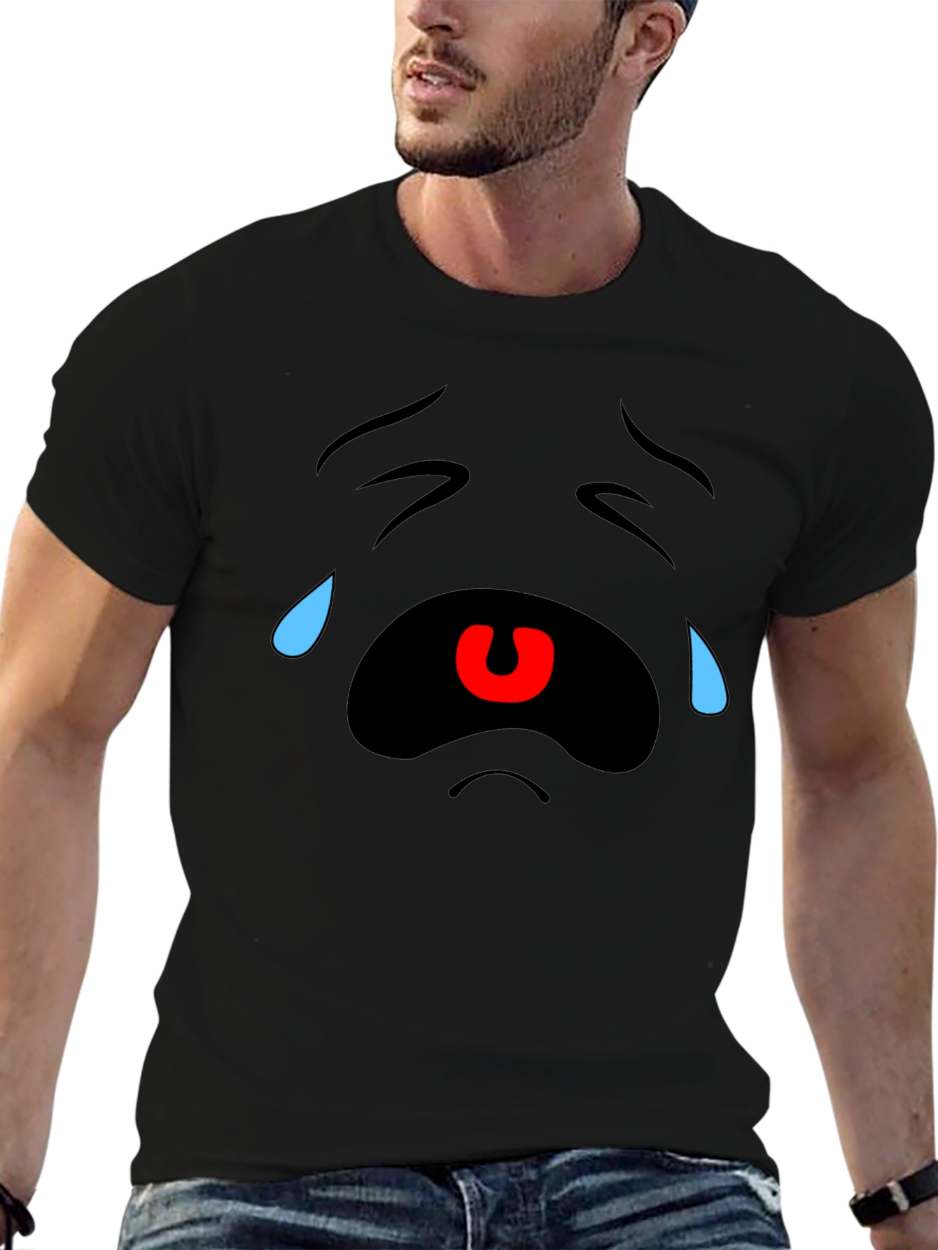 Crying Cartoon Face Black T-Shirt