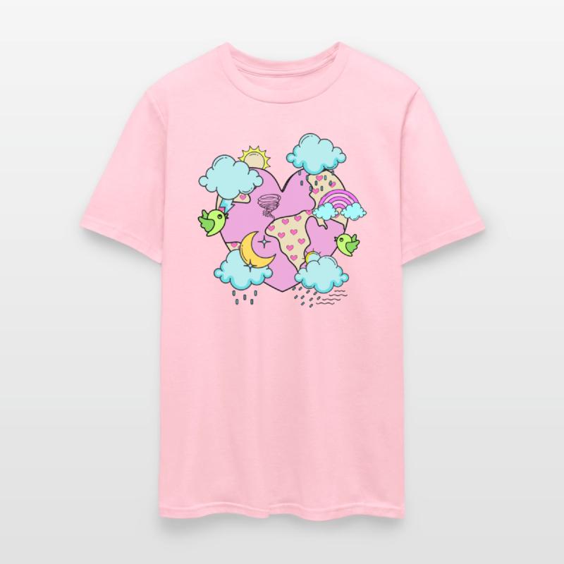 Pink heart planet with blue clouds, pastel tones