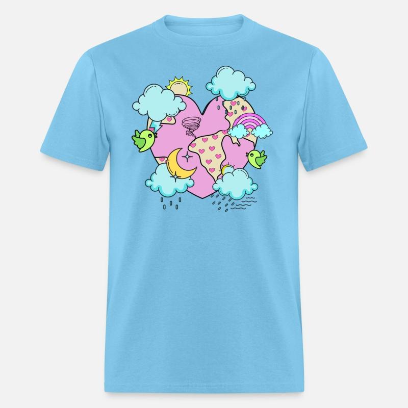 Pink heart planet with blue clouds, pastel tones