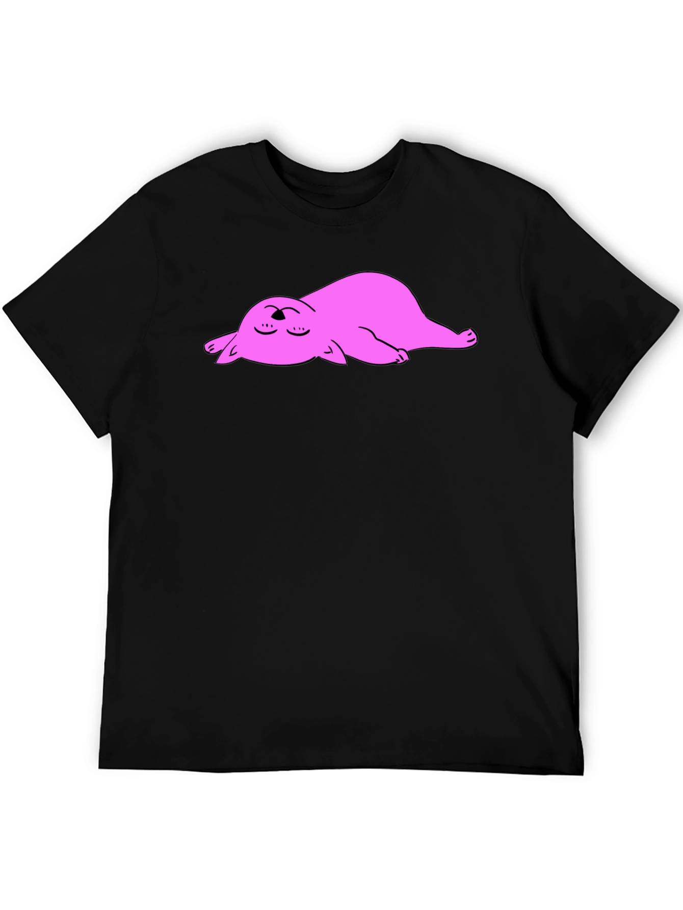 Black T-Shirt with Sleeping Pink Cat Cartoon Graphic