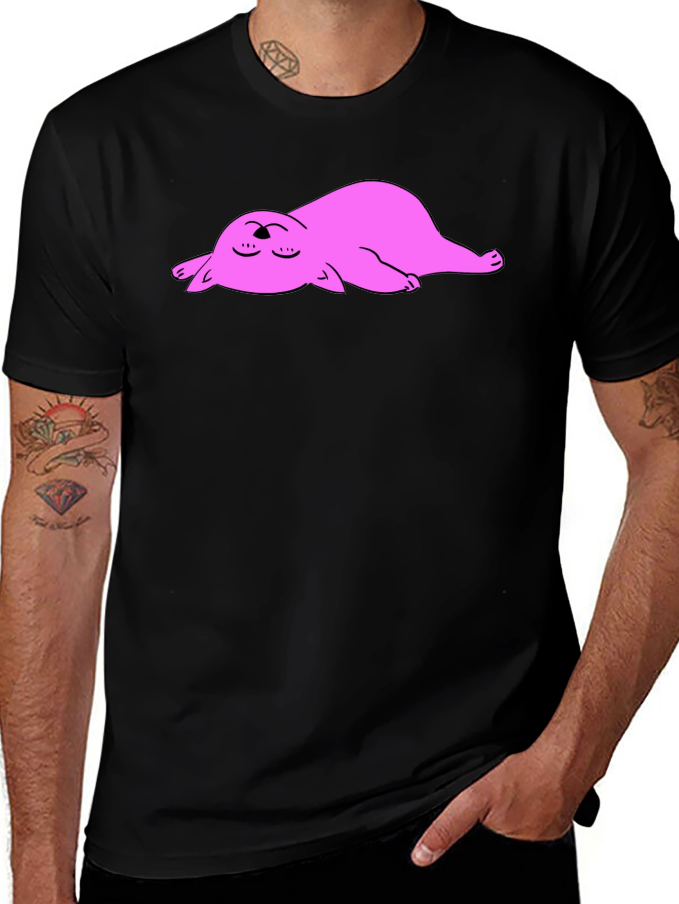 Black T-Shirt with Sleeping Pink Cat Cartoon Graphic