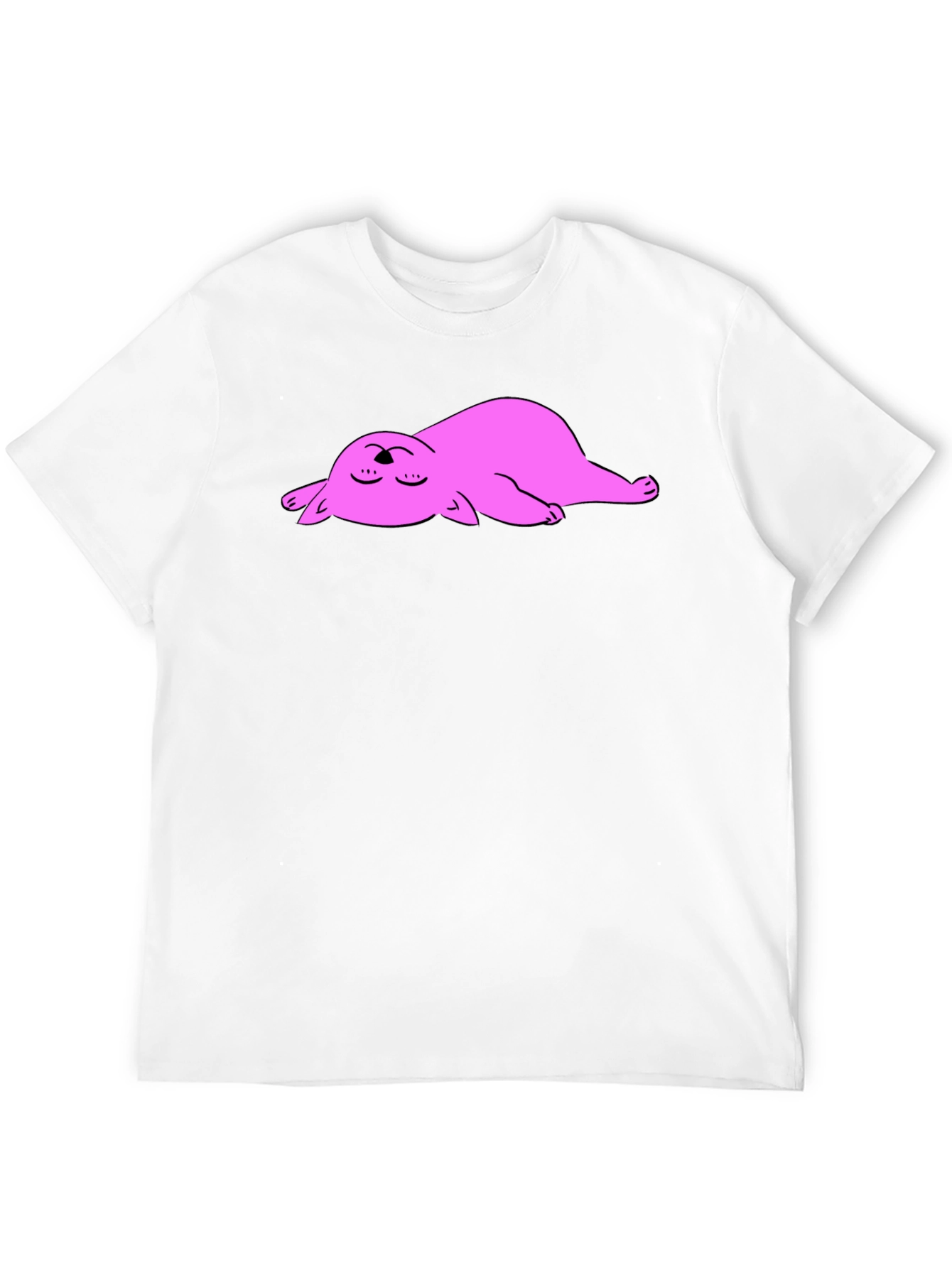Black T-Shirt with Sleeping Pink Cat Cartoon Graphic