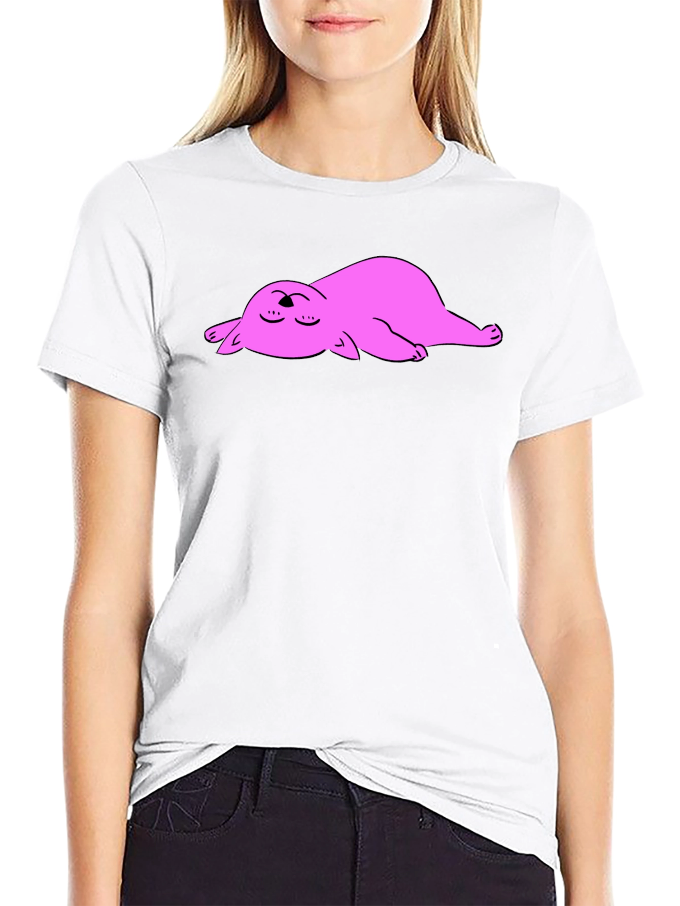 Black T-Shirt with Sleeping Pink Cat Cartoon Graphic