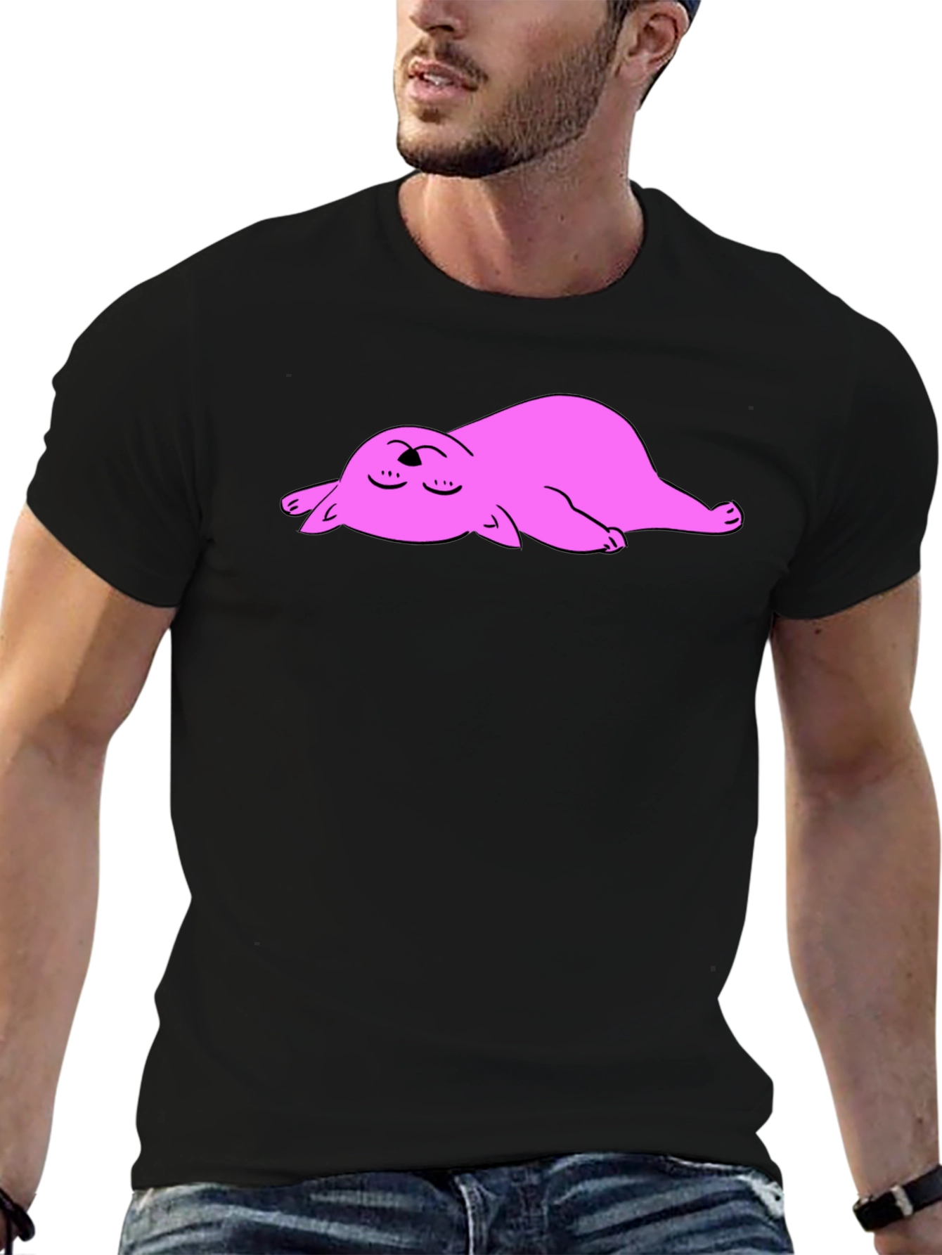 Black T-Shirt with Sleeping Pink Cat Cartoon Graphic