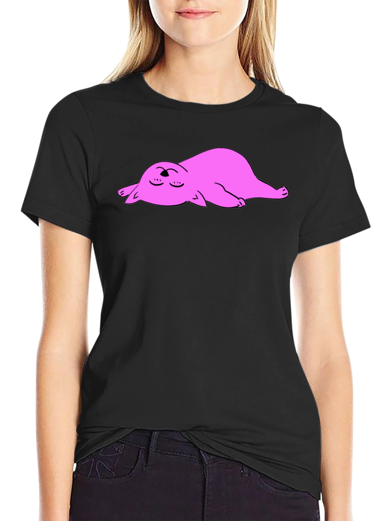 Black T-Shirt with Sleeping Pink Cat Cartoon Graphic