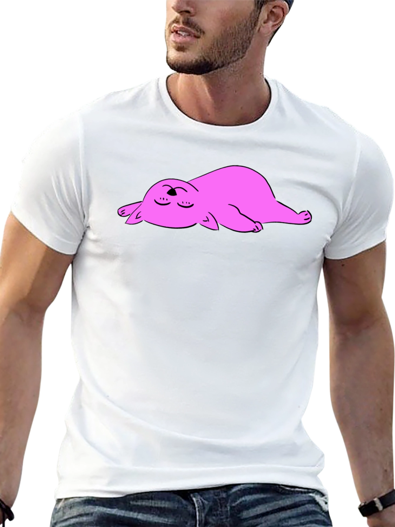 Black T-Shirt with Sleeping Pink Cat Cartoon Graphic