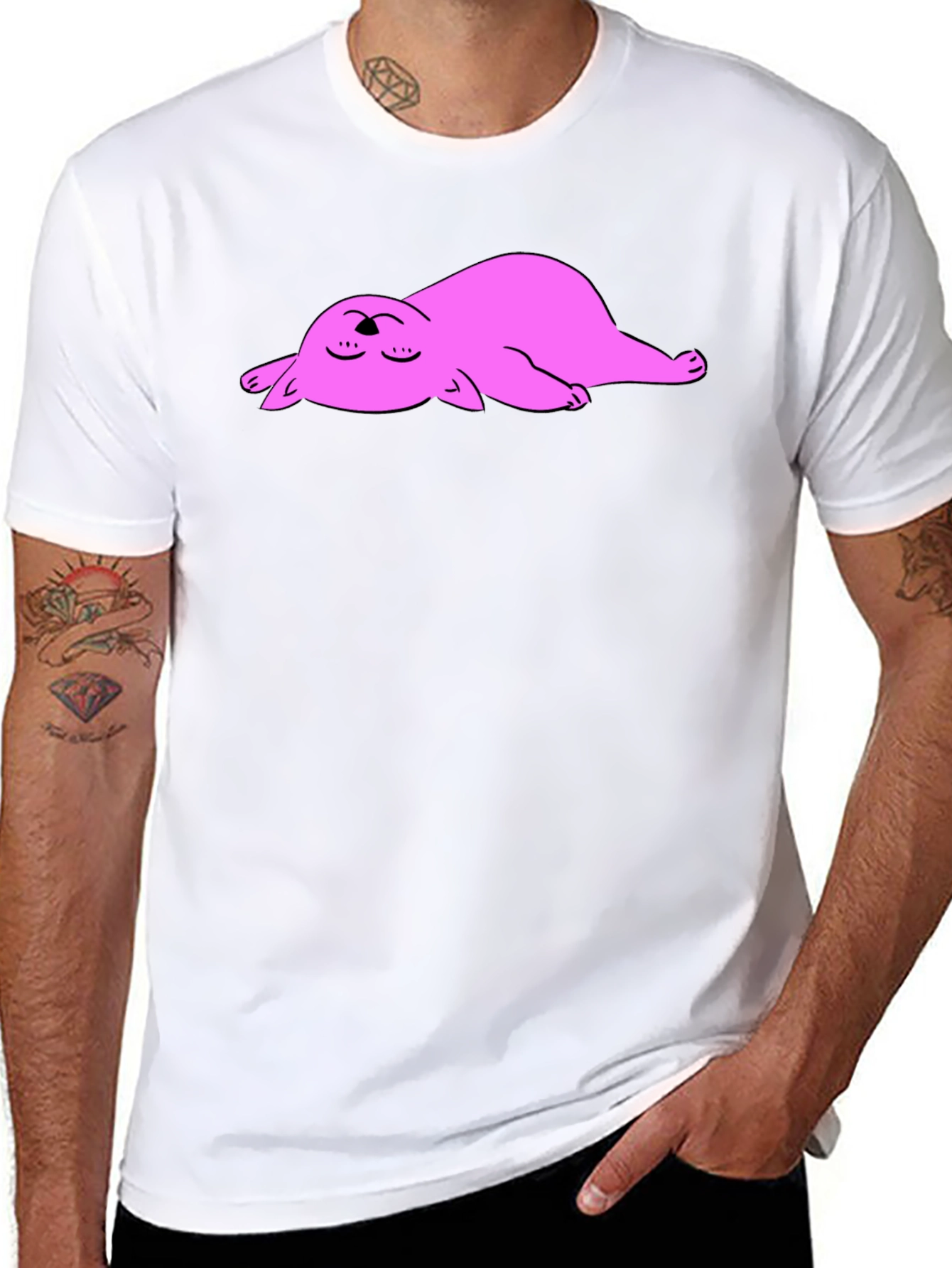 Black T-Shirt with Sleeping Pink Cat Cartoon Graphic