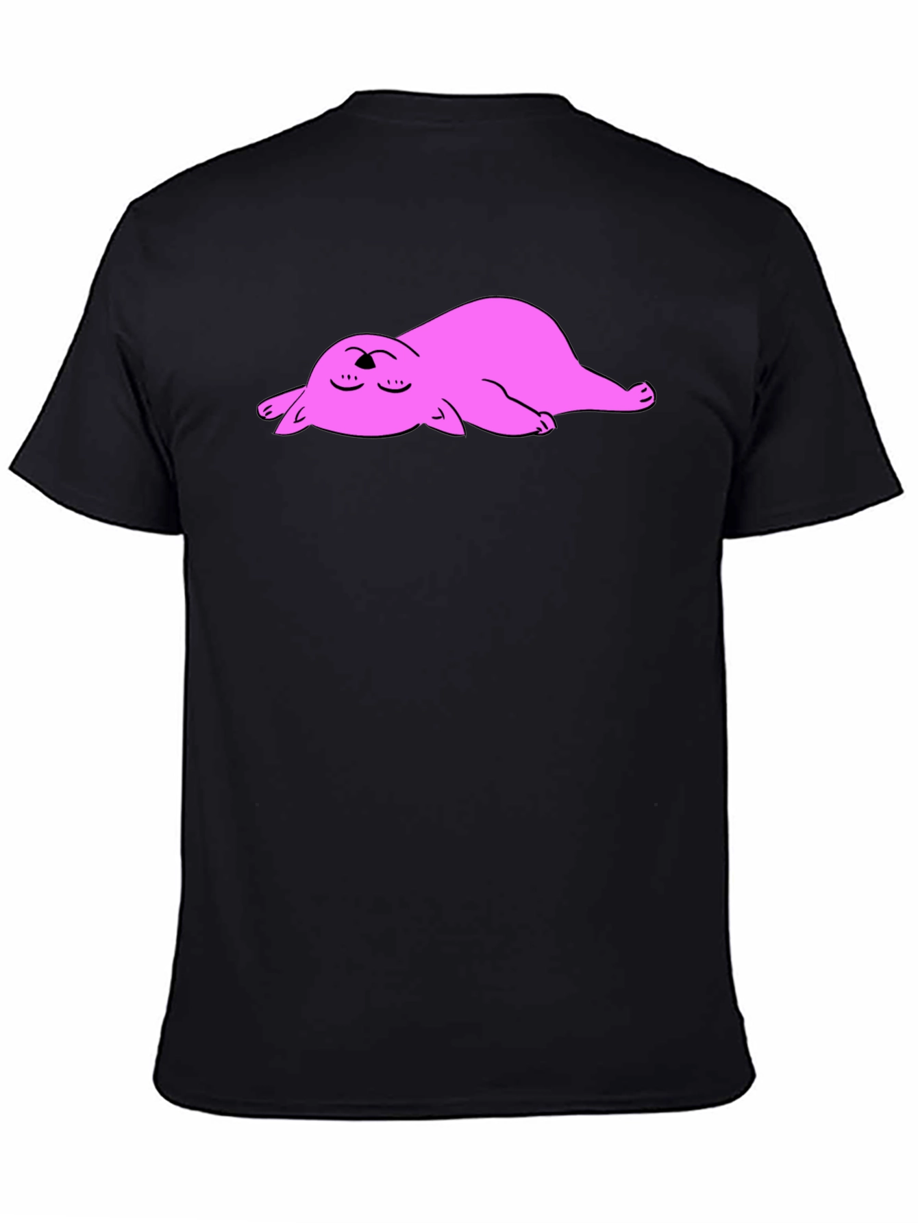 Black T-Shirt with Sleeping Pink Cat Cartoon Graphic