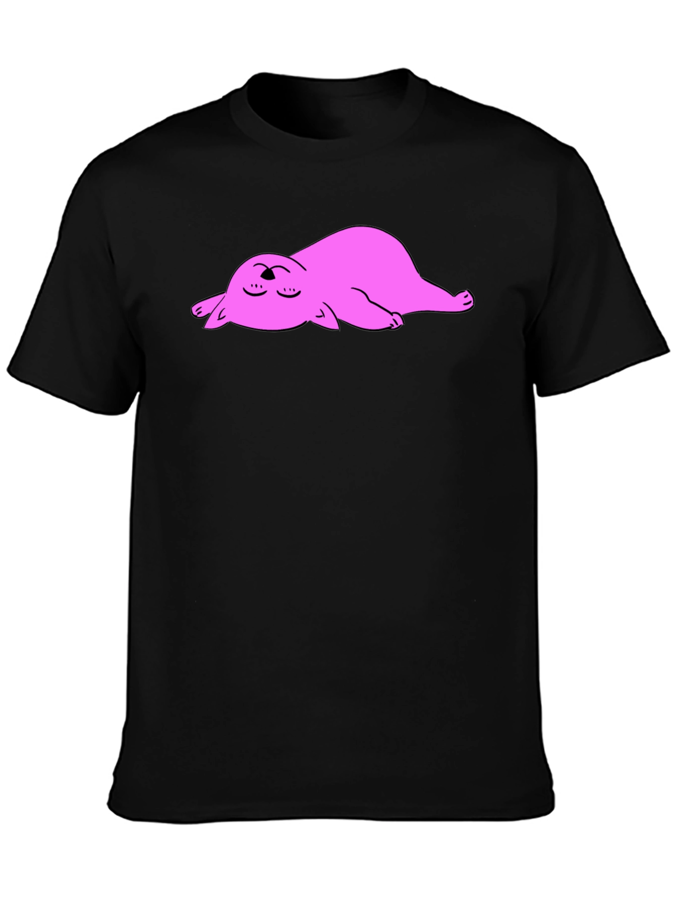 Black T-Shirt with Sleeping Pink Cat Cartoon Graphic