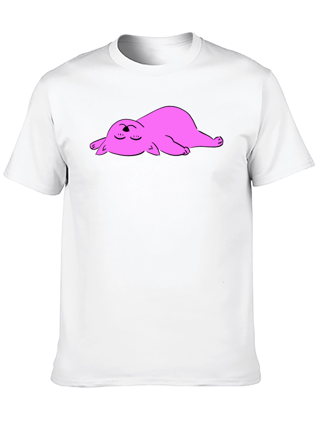 Black T-Shirt with Sleeping Pink Cat Cartoon Graphic