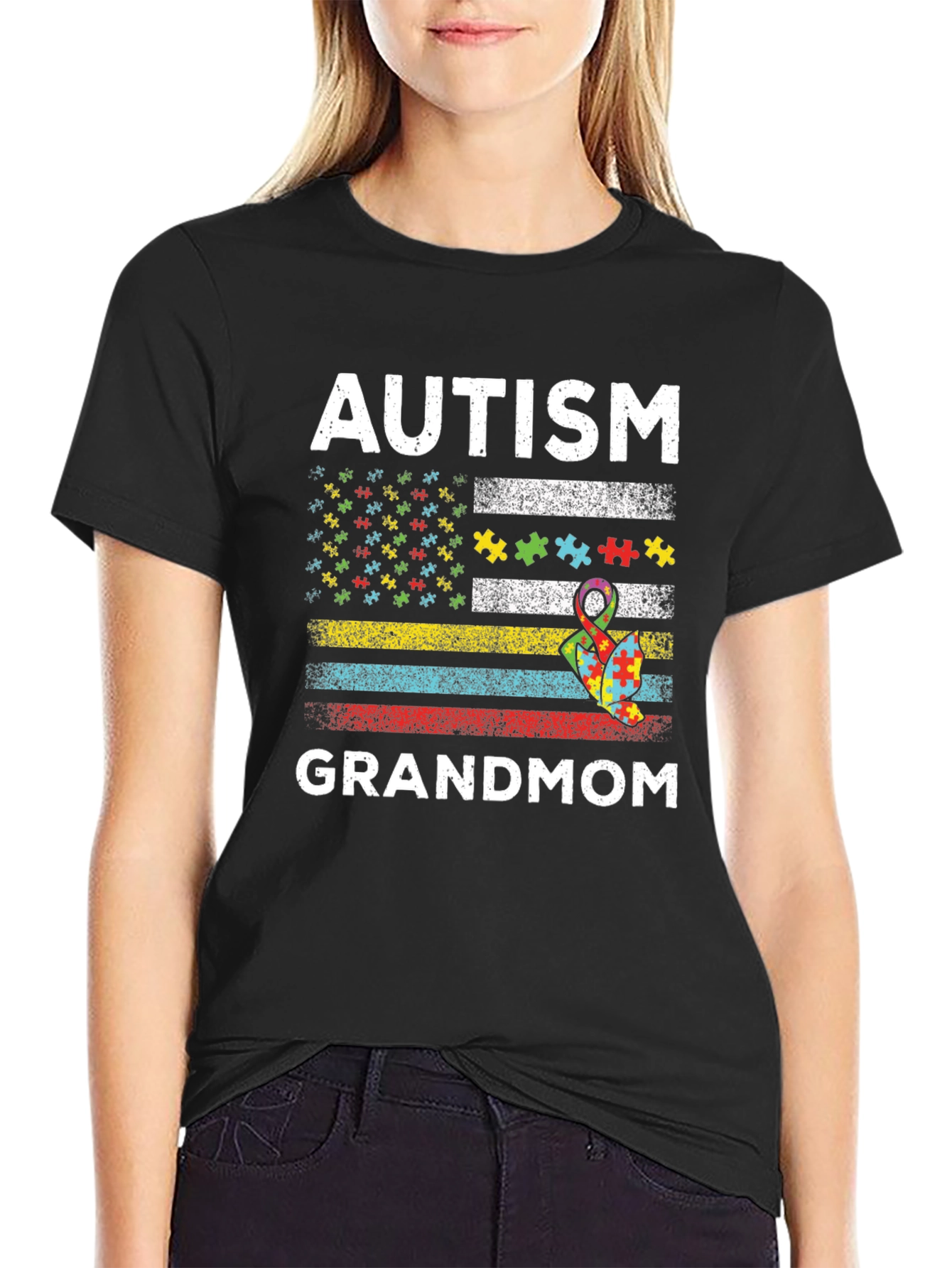 Autism Grandmom American Flag T-Shirt