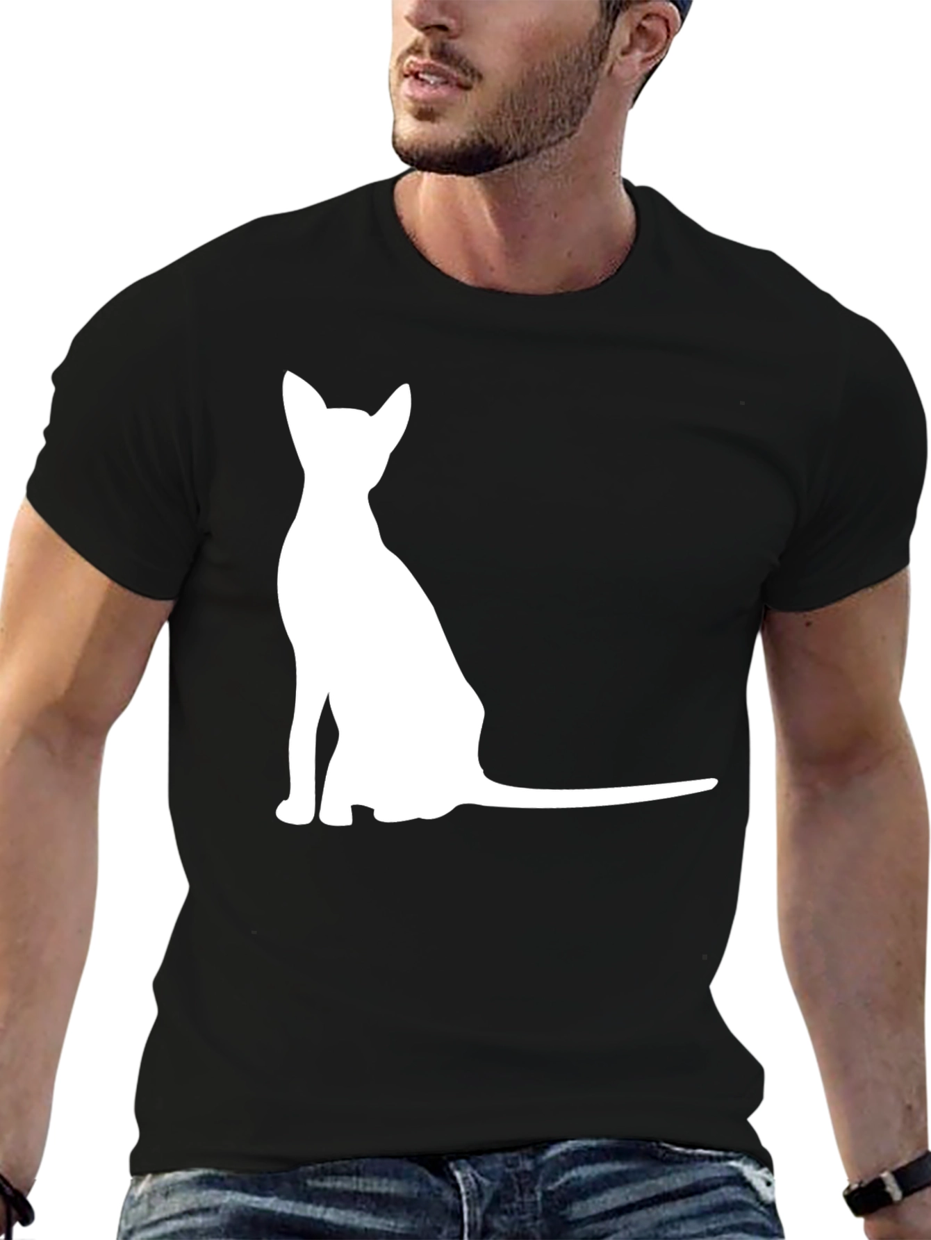 Mens Black T-Shirt with Cat Graphic