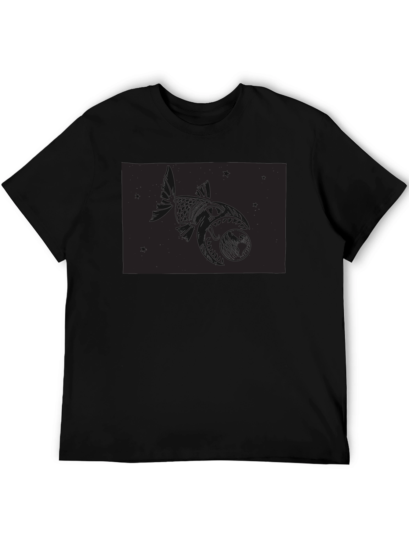 Black T-Shirt with Fish and Globe Graphic