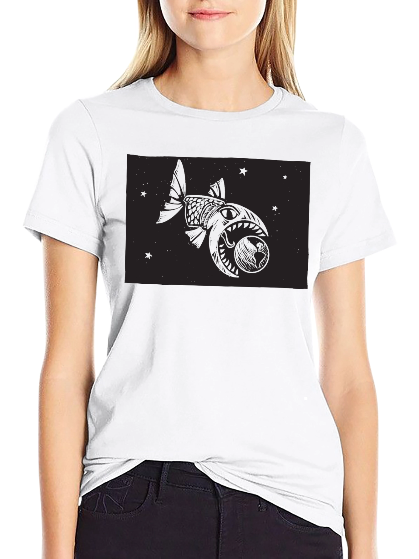 Black T-Shirt with Fish and Globe Graphic