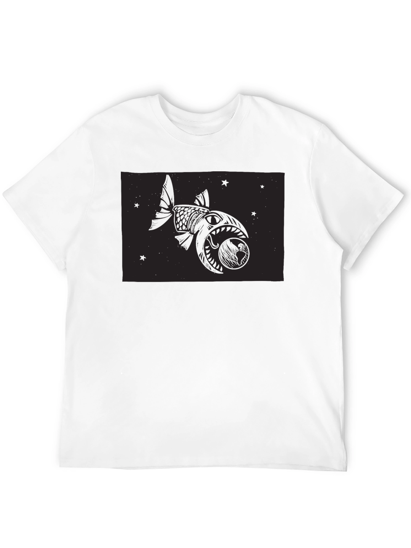 Black T-Shirt with Fish and Globe Graphic