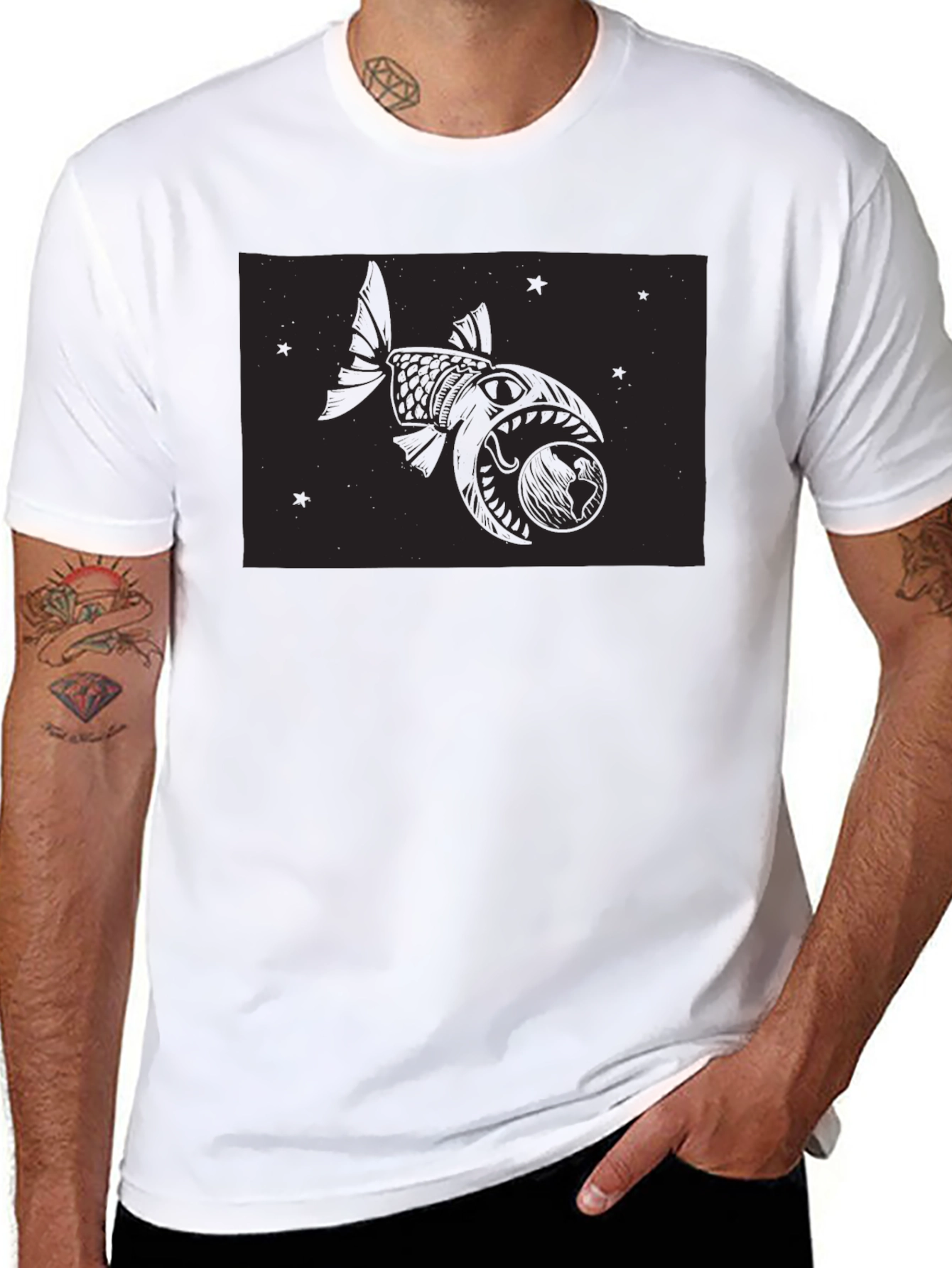 Black T-Shirt with Fish and Globe Graphic